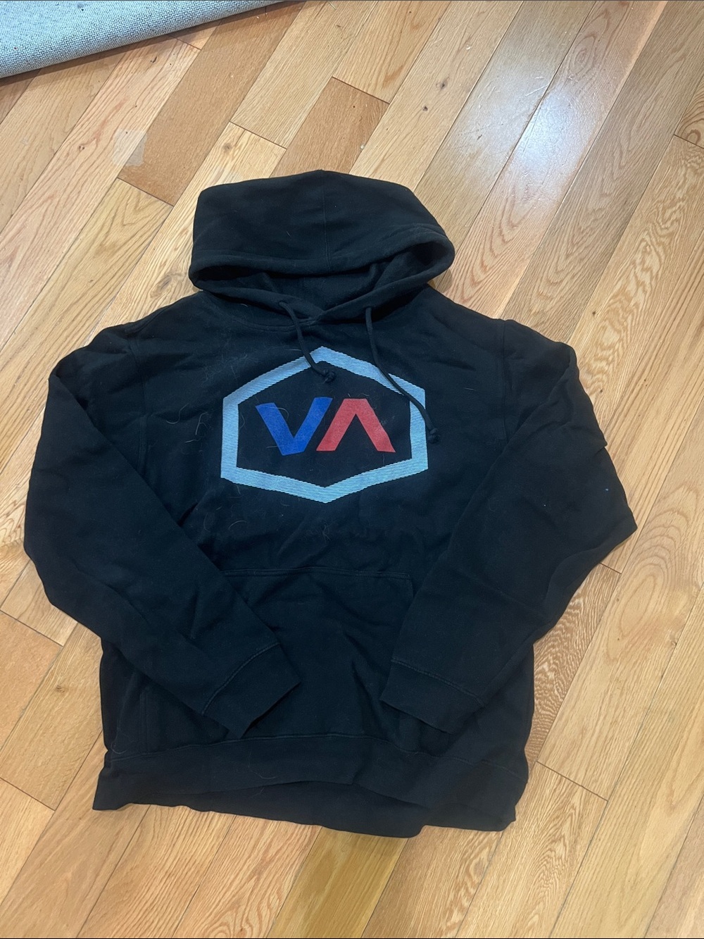 RVCA Black Pullover Hoodie with Blue and Red Hex Logo